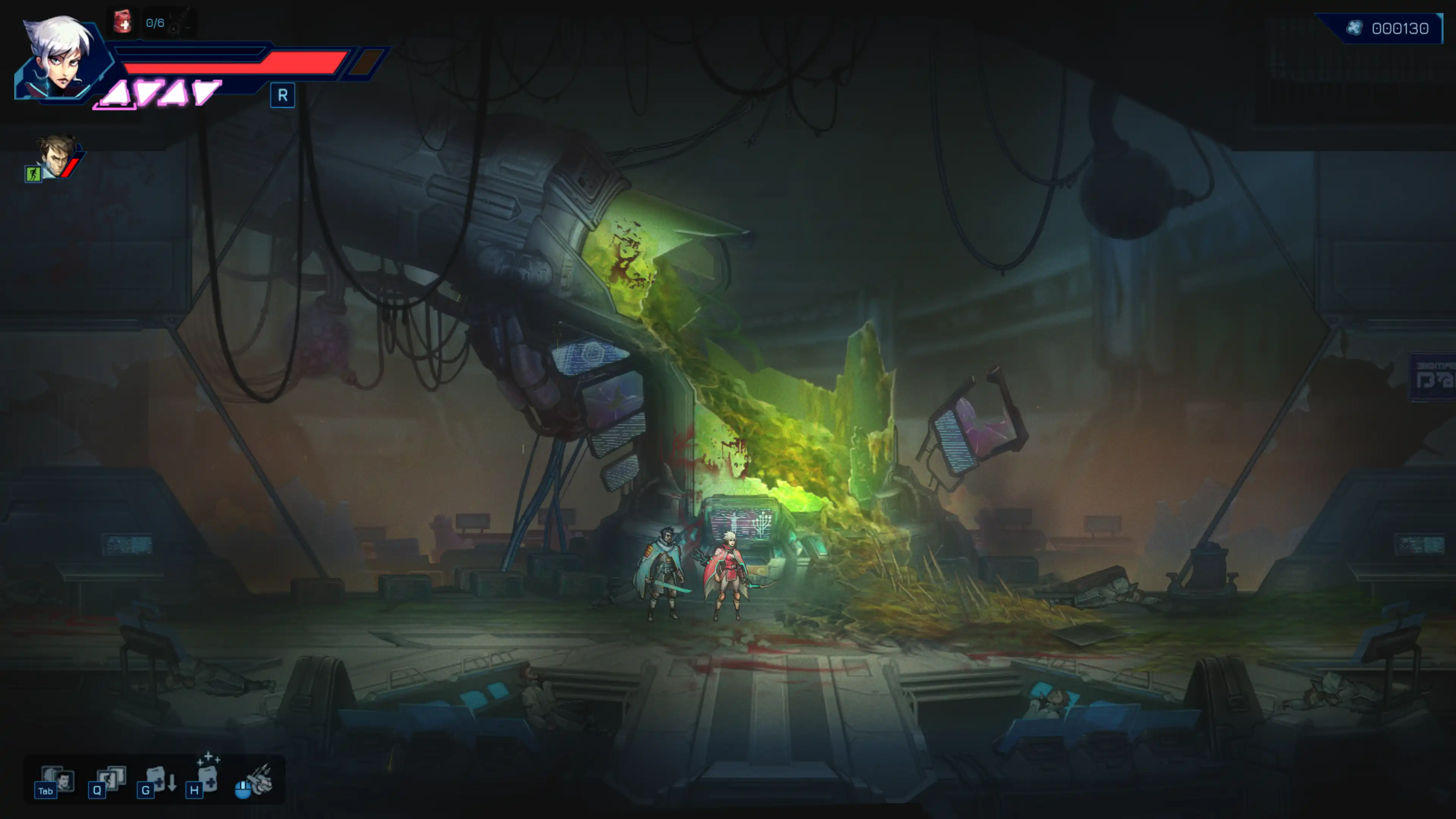 In-game screenshot from Anima Flux showing the protagonists in front of a broken machine leaking green fluid, inside a dark, abandoned lab filled with debris and tension.