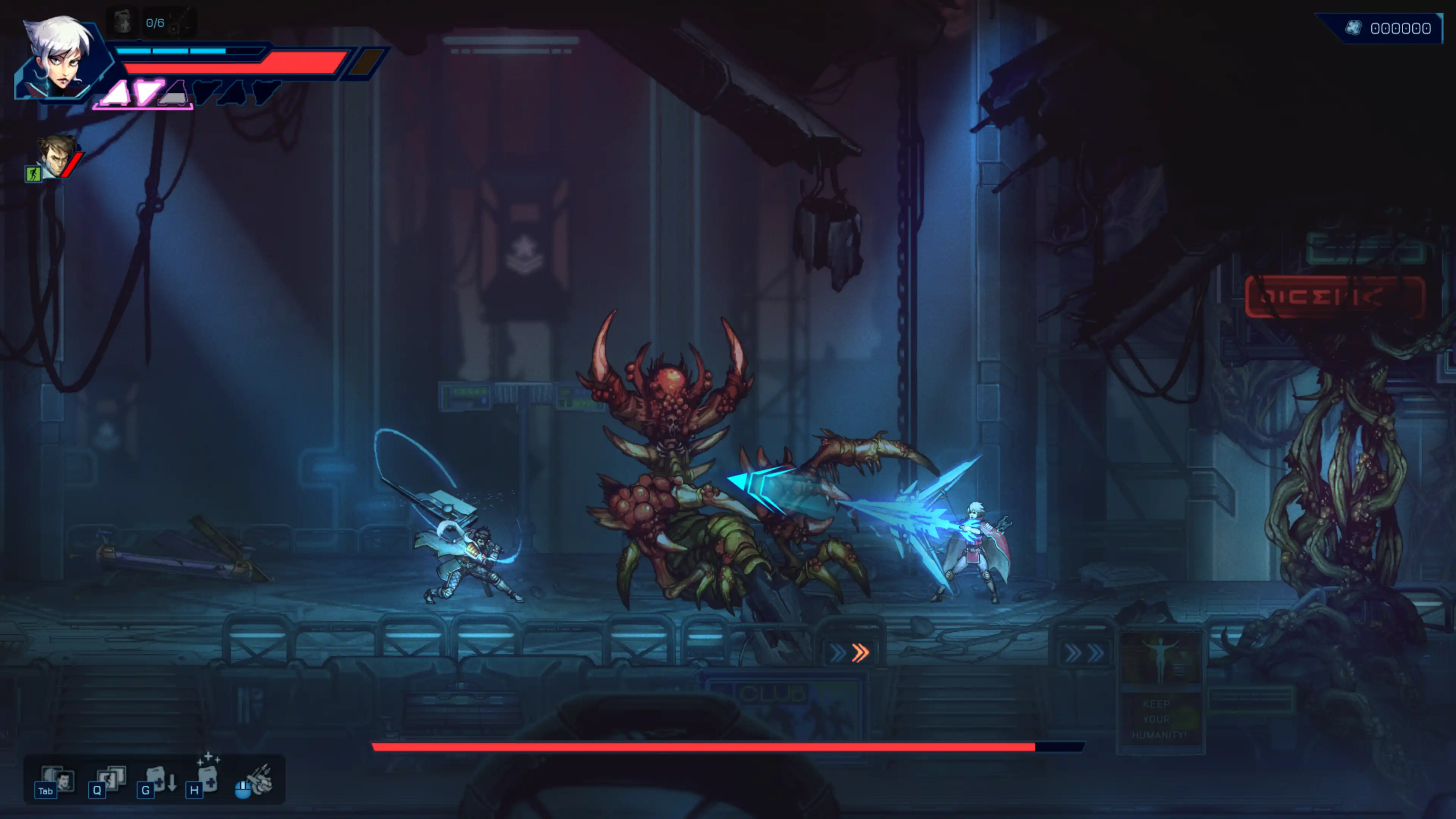 Anima Flux in-game screenshot of a boss fight sequence, with both protagonists attacking a large multi-limbed mutant enemy in a dark sci-fi arena surrounded by organic growth.