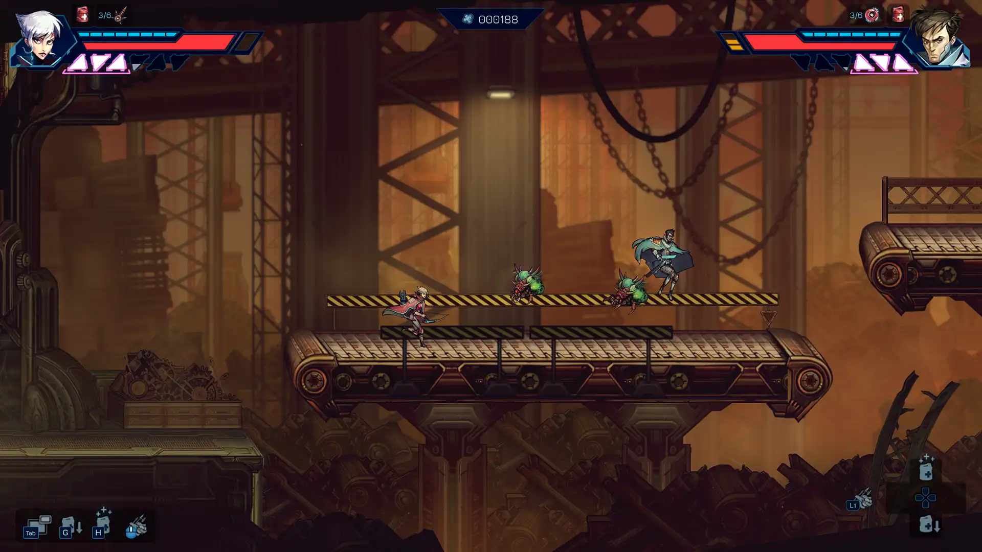 Gameplay screenshot from Anima Flux showing the protagonists battling insect-like enemies on industrial conveyor platforms in a scrapyard-themed level.