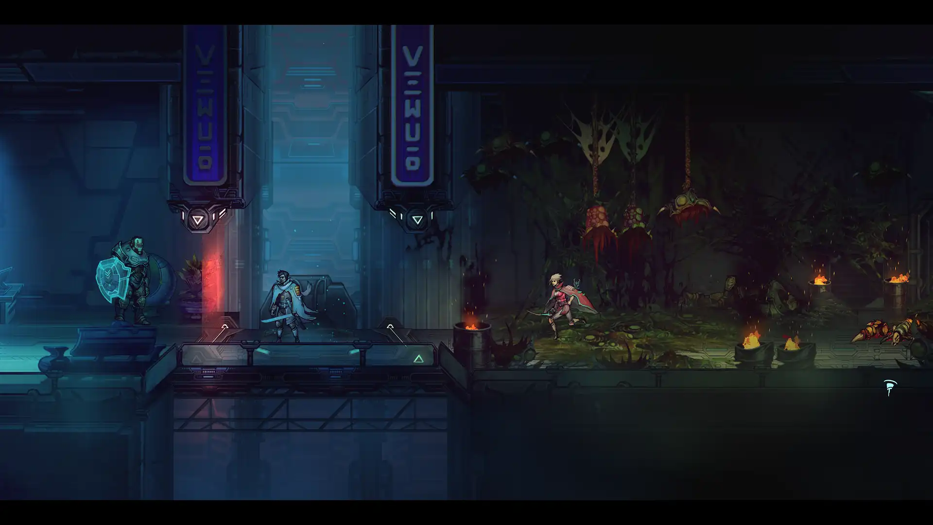 Anima Flux screenshot showing a biome transition scene, with two player characters exploring and a third character standing in a clean sci-fi corridor opposite a dark infested area.