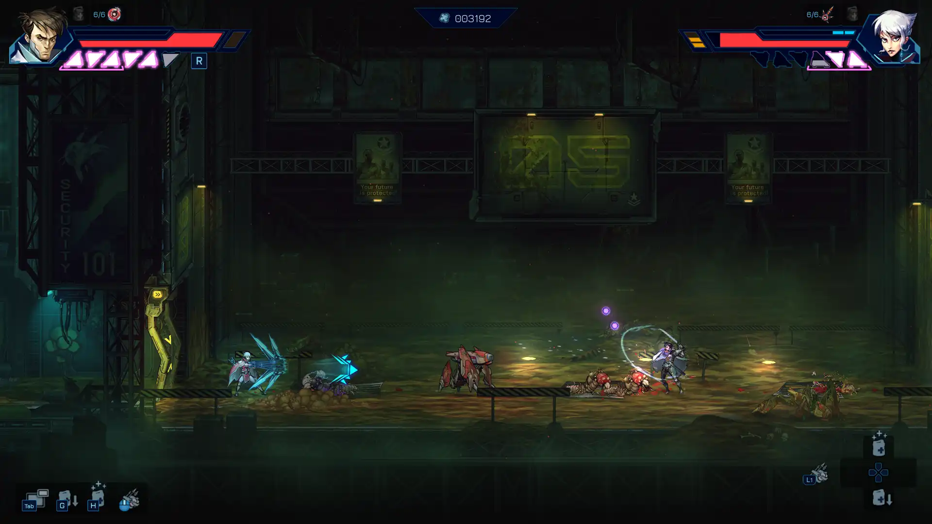 Anima Flux gameplay screenshot showing the protagonists in combat inside a dark military-industrial facility with propaganda posters, enemy units, and neon-lit grime.