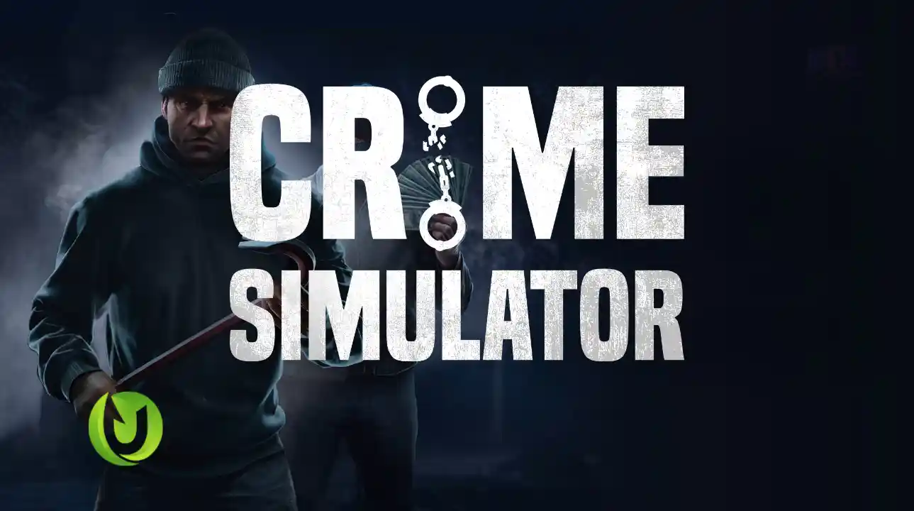 Crime Simulator official game poster showing two masked characters in dark clothing, one holding a crowbar and the other holding cash. The title "Crime Simulator" appears in bold, cracked letters with broken handcuffs integrated into the word "CRIME."