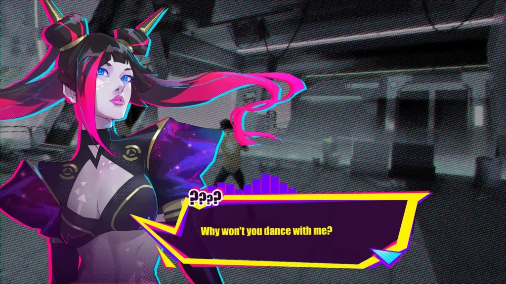 Screenshot from Dead as Disco showing a stylish female character with pink and black hair in a futuristic setting, with a dialogue box saying, “Why won’t you dance with me?”

