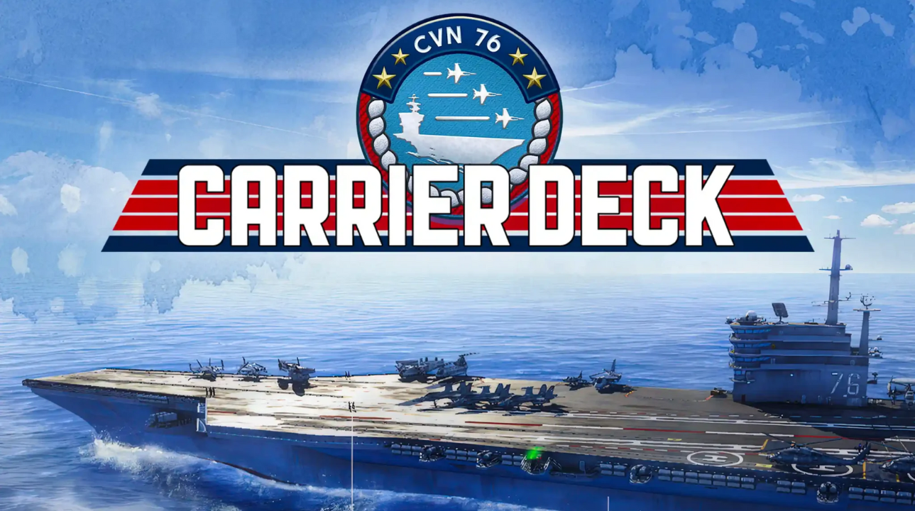 Carrier Deck game logo with aircraft carrier and jets on the ocean under a dramatic sky