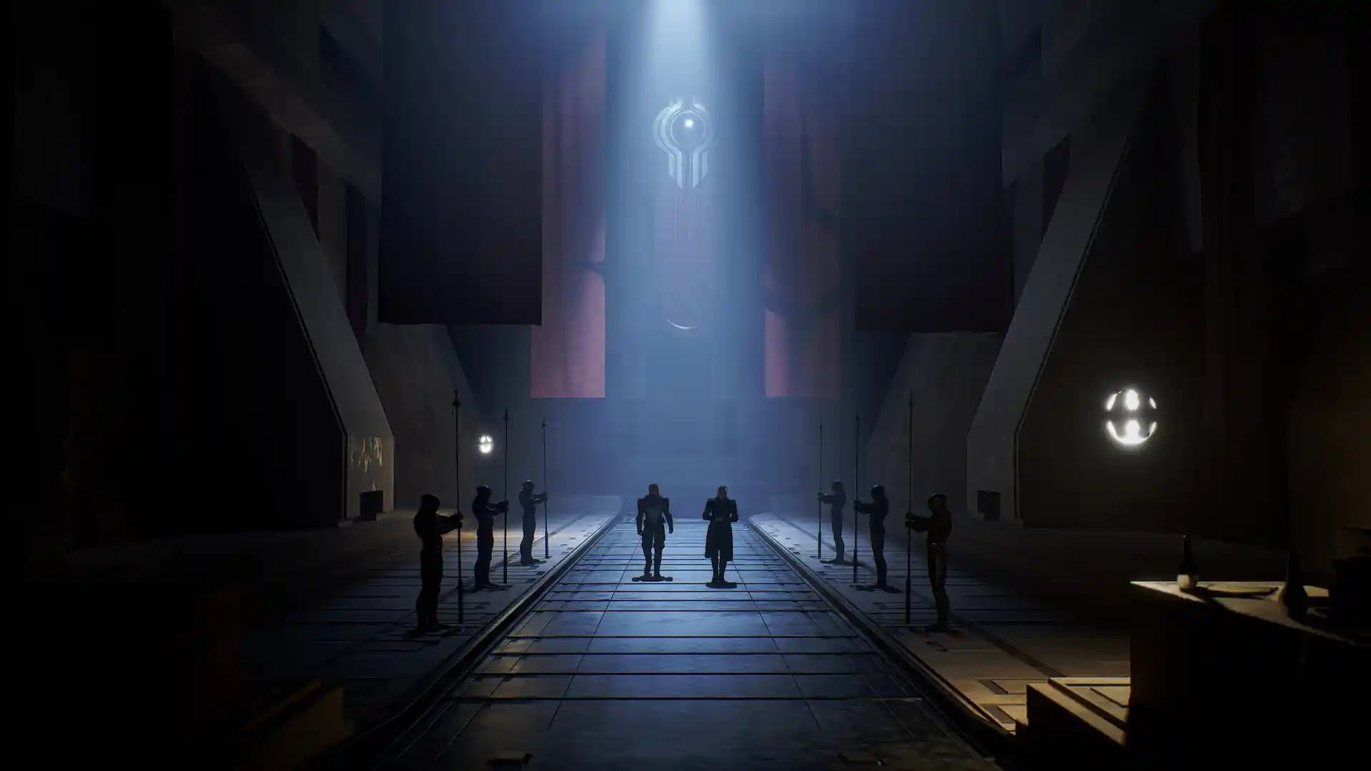 Players walking through a dark hall inside a faction stronghold in Dune: Awakening