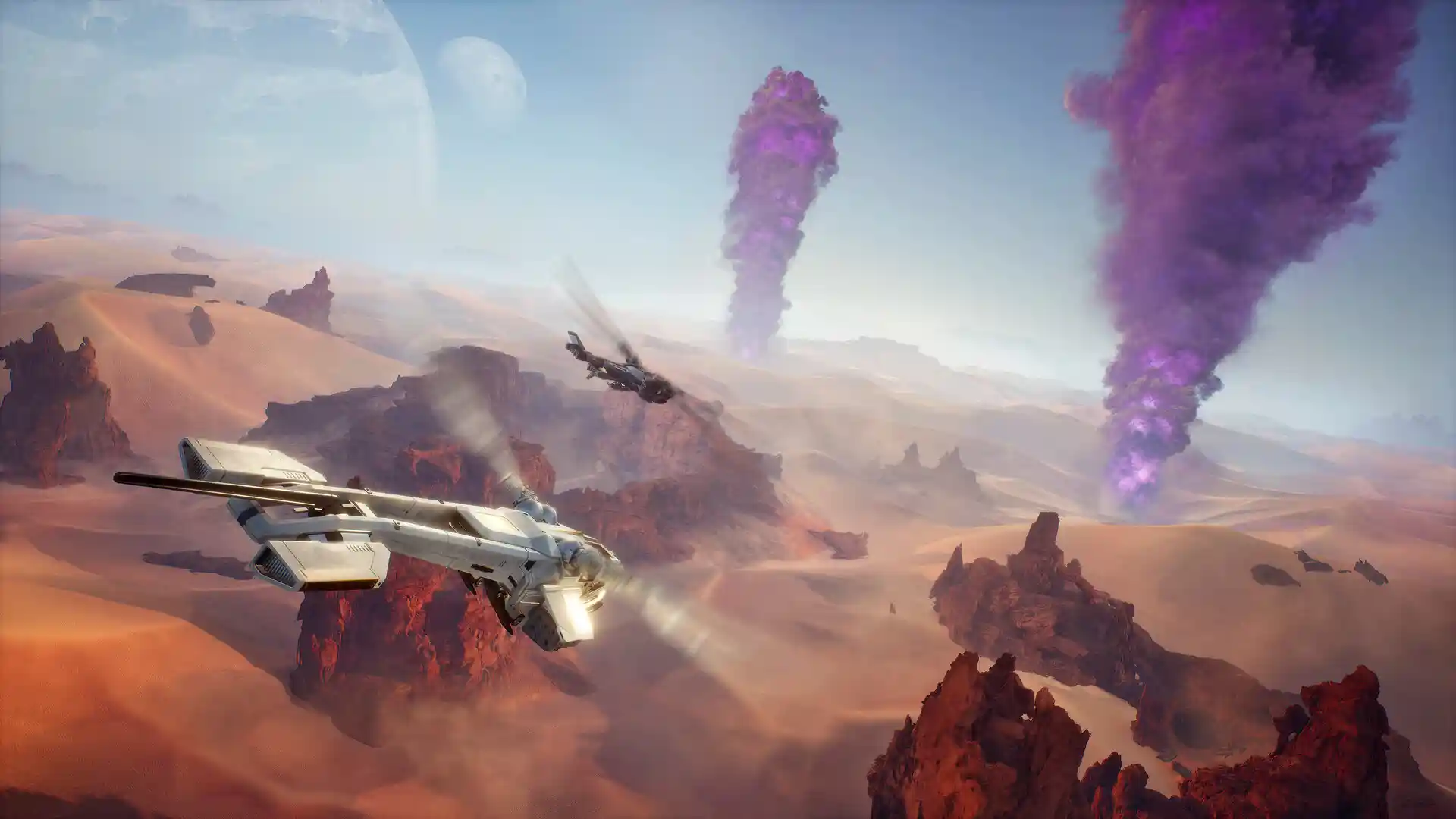 In-game screenshot from Dune: Awakening showing desert combat aircraft and purple smoke over Arrakis