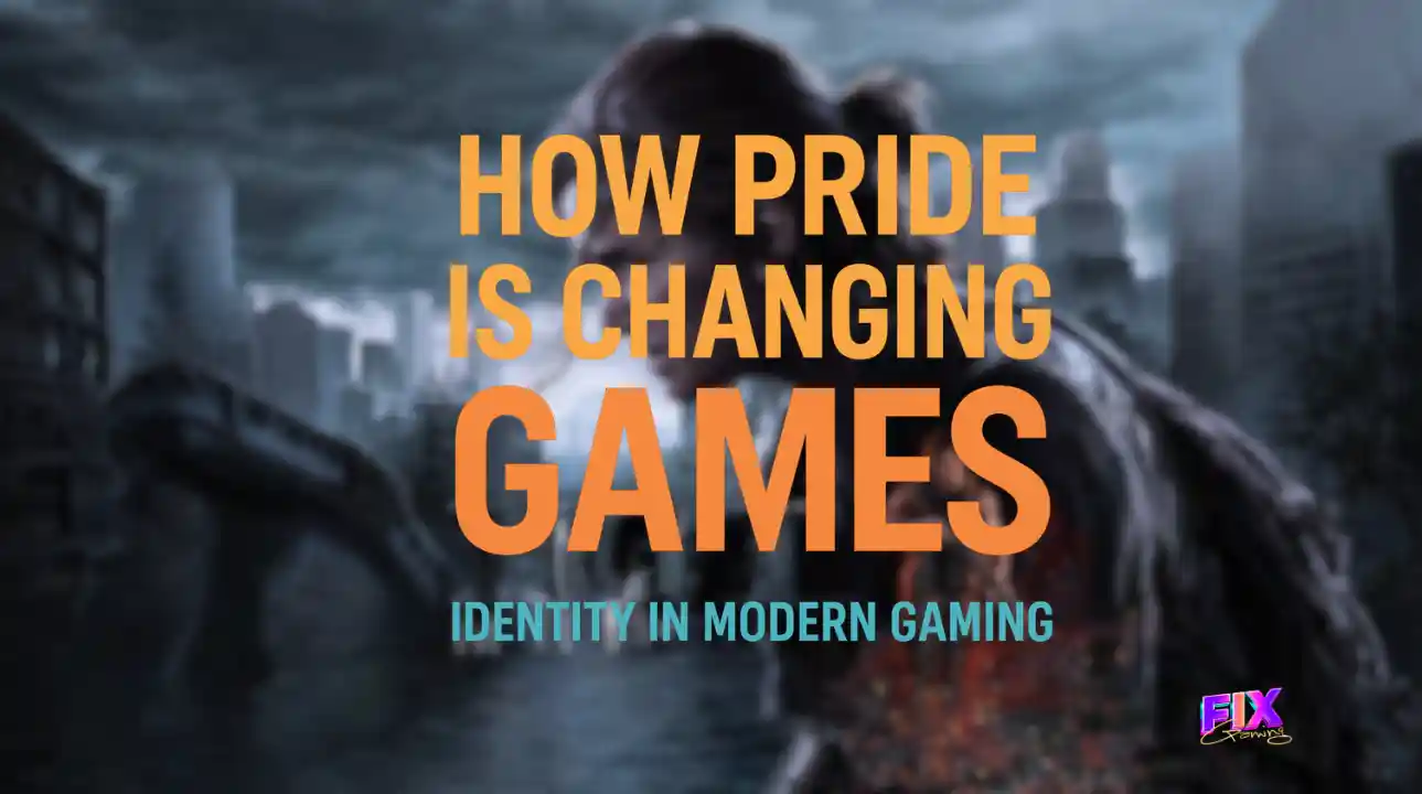 Pride in gaming article banner with bold headline and dystopian backdrop