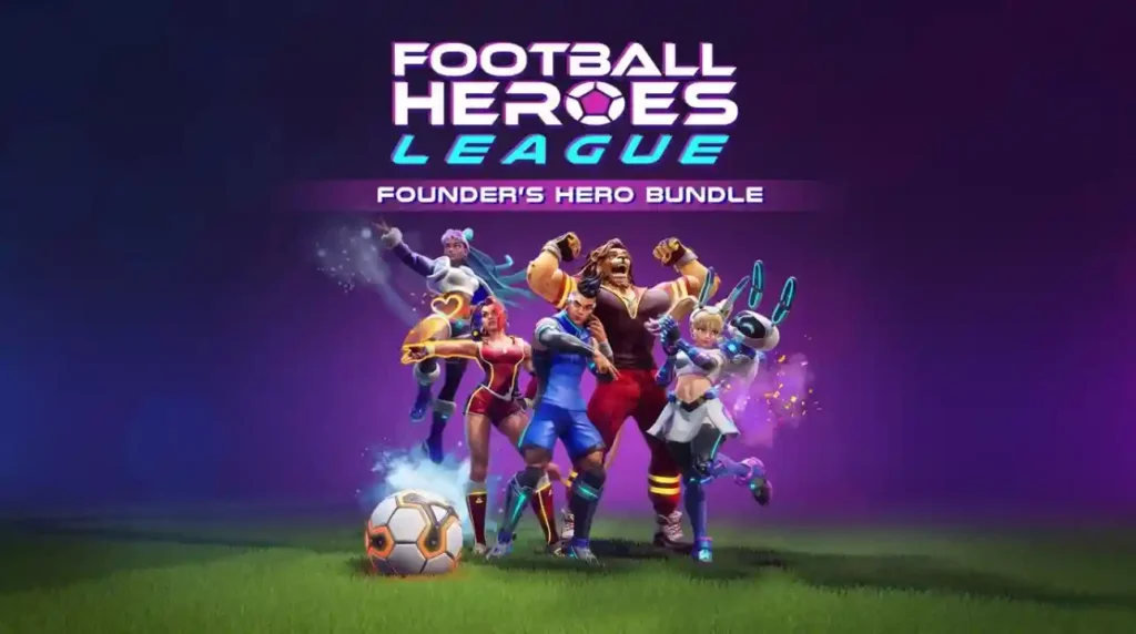 Promotional image for Football Heroes League featuring six stylized hero characters posing on a purple background with a glowing soccer ball and text 'Founder's Hero Bundle' above