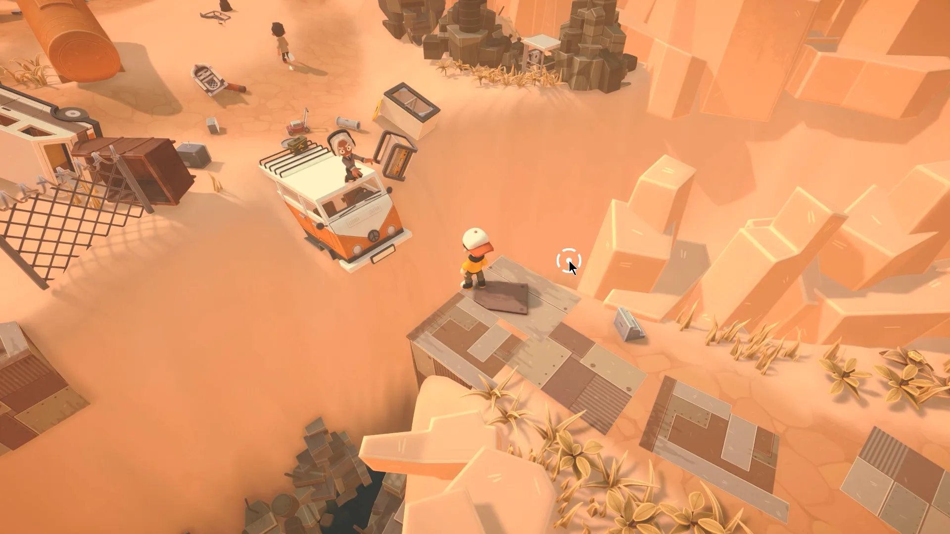 Gameplay screenshot from BUS: Bro U Survived showing a character near a cliff and a bus in a post-apocalyptic desert environment
