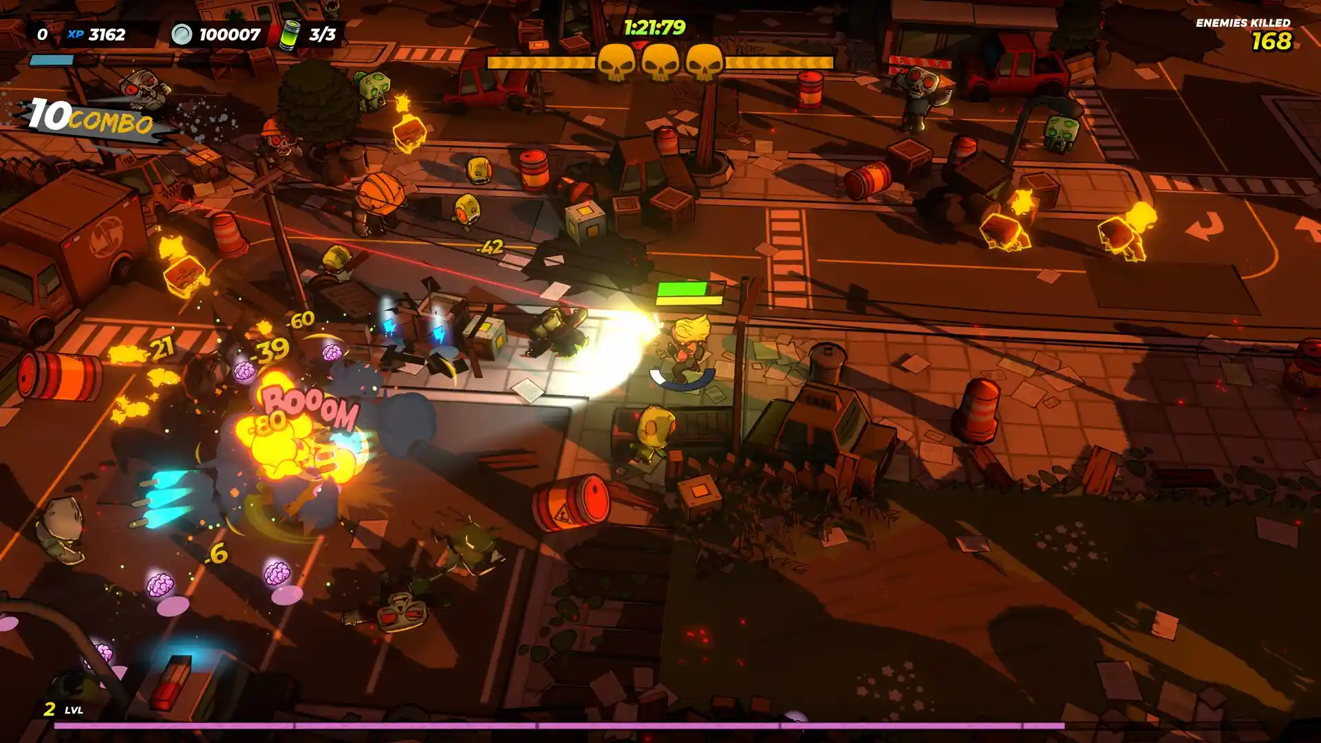 Top-down view of a city under siege in Bullets & Brains demo, showing glowing explosions and enemy units during a nighttime battle.


