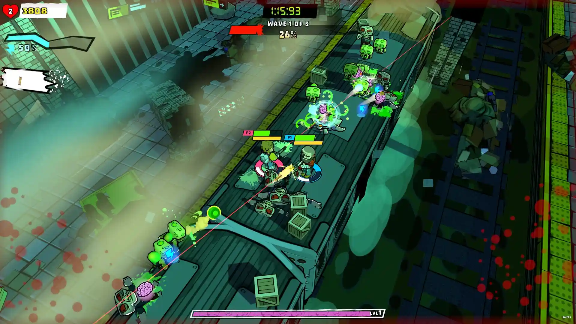 Vertical gameplay section in Bullets & Brains demo showing lush sci-fi environment and enemy formation from top-down view.