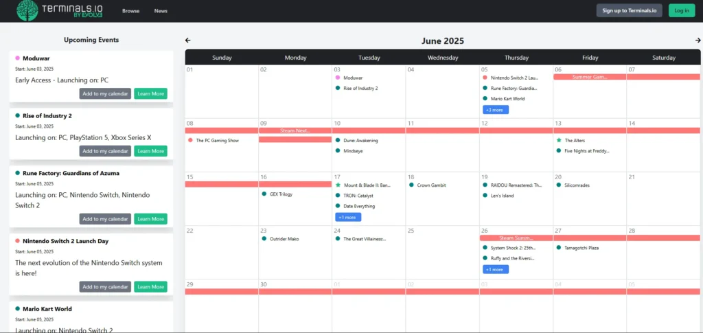 Screenshot of Terminals.io 3.0 Games Calendar interface showing upcoming game releases and event tracking.