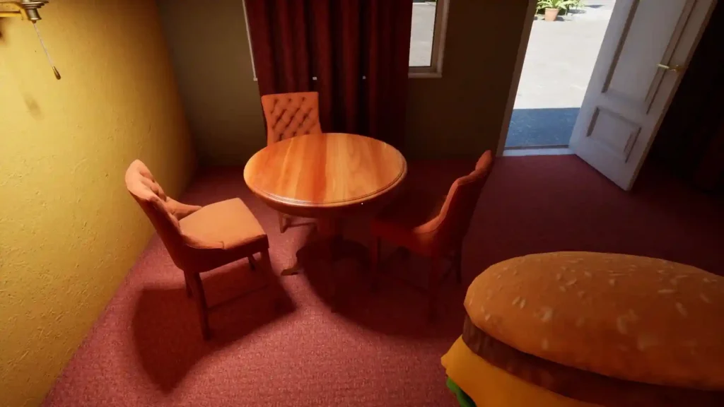 View of a dimly lit motel room from Last Guest game, featuring old furniture and atmospheric lighting.