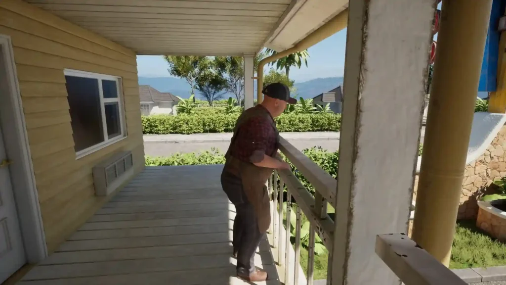 Man stands on the porch of the eerie motel in Last Guest, overlooking the desolate surroundings.