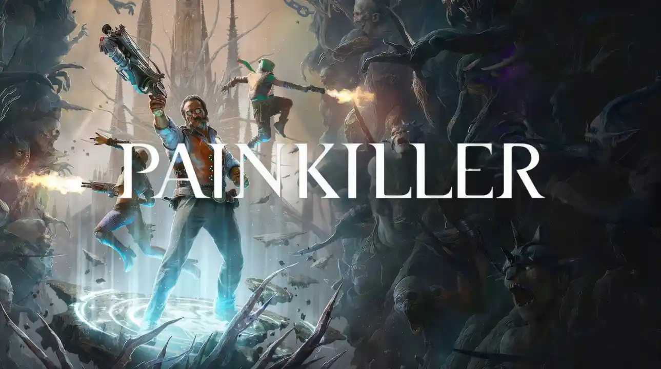 Four armed characters stand ready for battle in front of a gothic cathedral, surrounded by demonic enemies, with the title Painkiller overlaid.