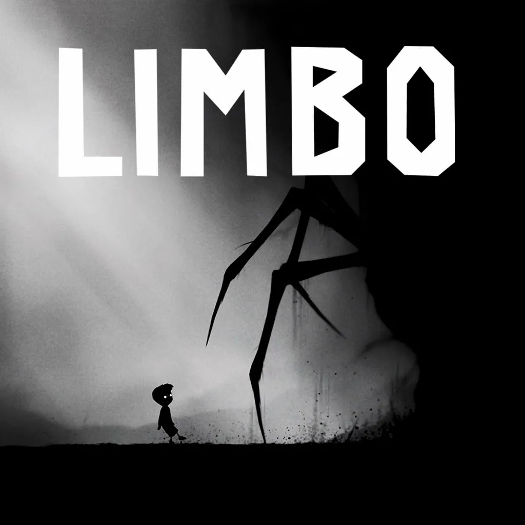 LIMBO artwork showing a silhouetted boy beneath a giant spider in a foggy black-and-white forest