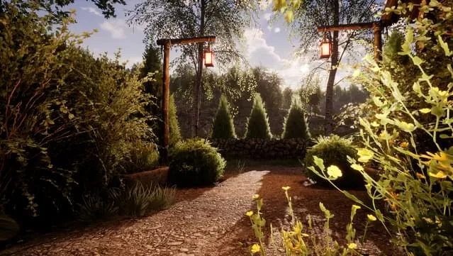 A beautifully decorated garden path in Medieval Dynasty: Echoes of Nature, featuring hanging lanterns, lush bushes, and trees reacting to the changing seasons.

