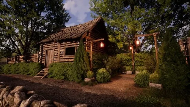 A rustic wooden cabin surrounded by seasonal greenery and lantern-lit paths in Medieval Dynasty: Echoes of Nature.

