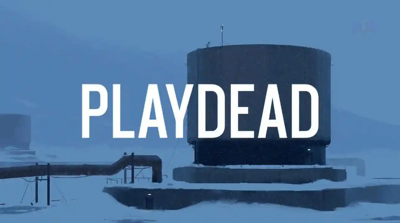 Playdead logo displayed over a snowy, industrial environment, reflecting the studio’s signature atmospheric visual style from games like Inside and Limbo.