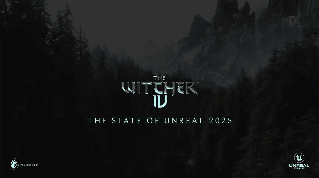 The Witcher 4 official title reveal slide from State of Unreal 2025, featuring logo over a dark forest and mountain backdrop.