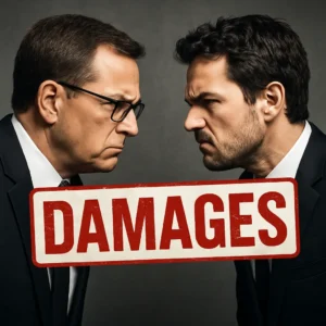 Legal dispute concept showing two angry men in suits arguing face-to-face with “DAMAGES” label, symbolizing conflict or lawsuit.