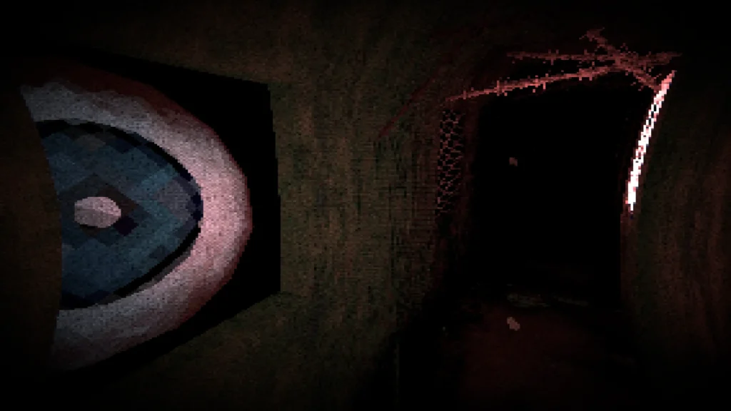 Surreal pixelated eye symbol on a train wall, leading into a dark, eerie corridor in the indie horror game Phantoms. The setting is dimly lit with unsettling visual details.
