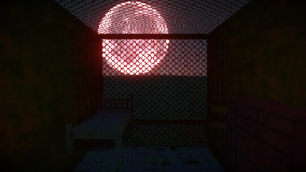 Pixelated bedroom scene from the horror game Phantoms, showing a barred window framing a large, ominous red sun over an open sea. The eerie lighting contrasts with the empty bed and minimal furniture, adding to the unsettling atmosphere.