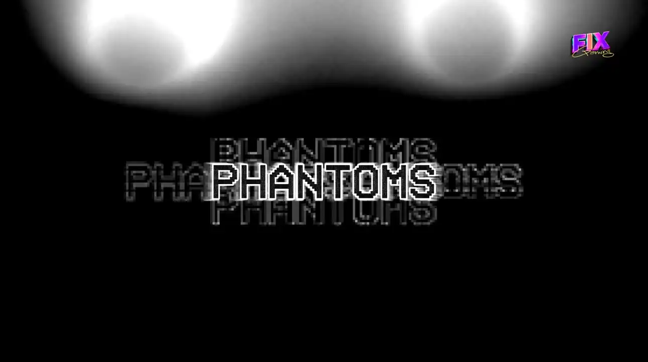 Title screen of the horror game Phantoms, featuring a dark background with glowing white and purple light effects.