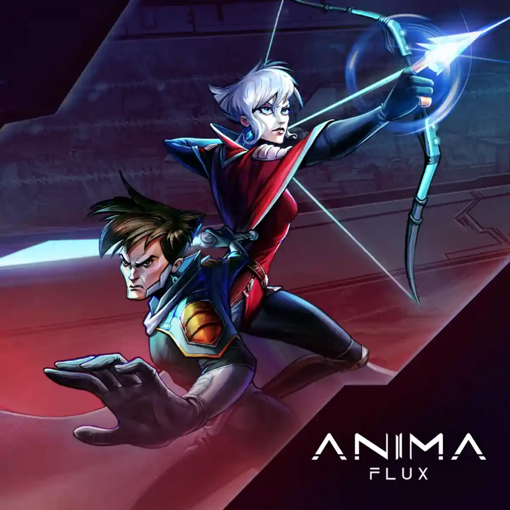 Key artwork from Anima Flux showing the game’s two main characters in bold hand-drawn style with retro-futuristic design.