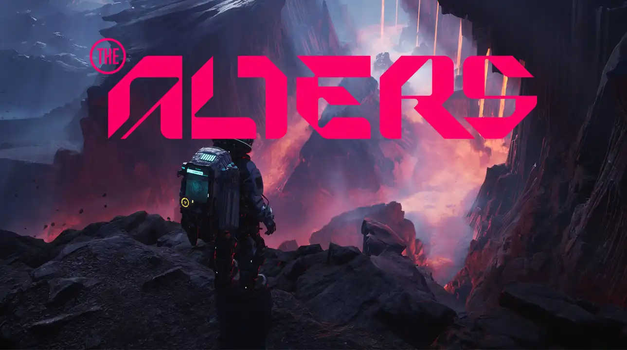 The Alters game logo in bold pink, with Jan Dolski standing on an alien landscape.