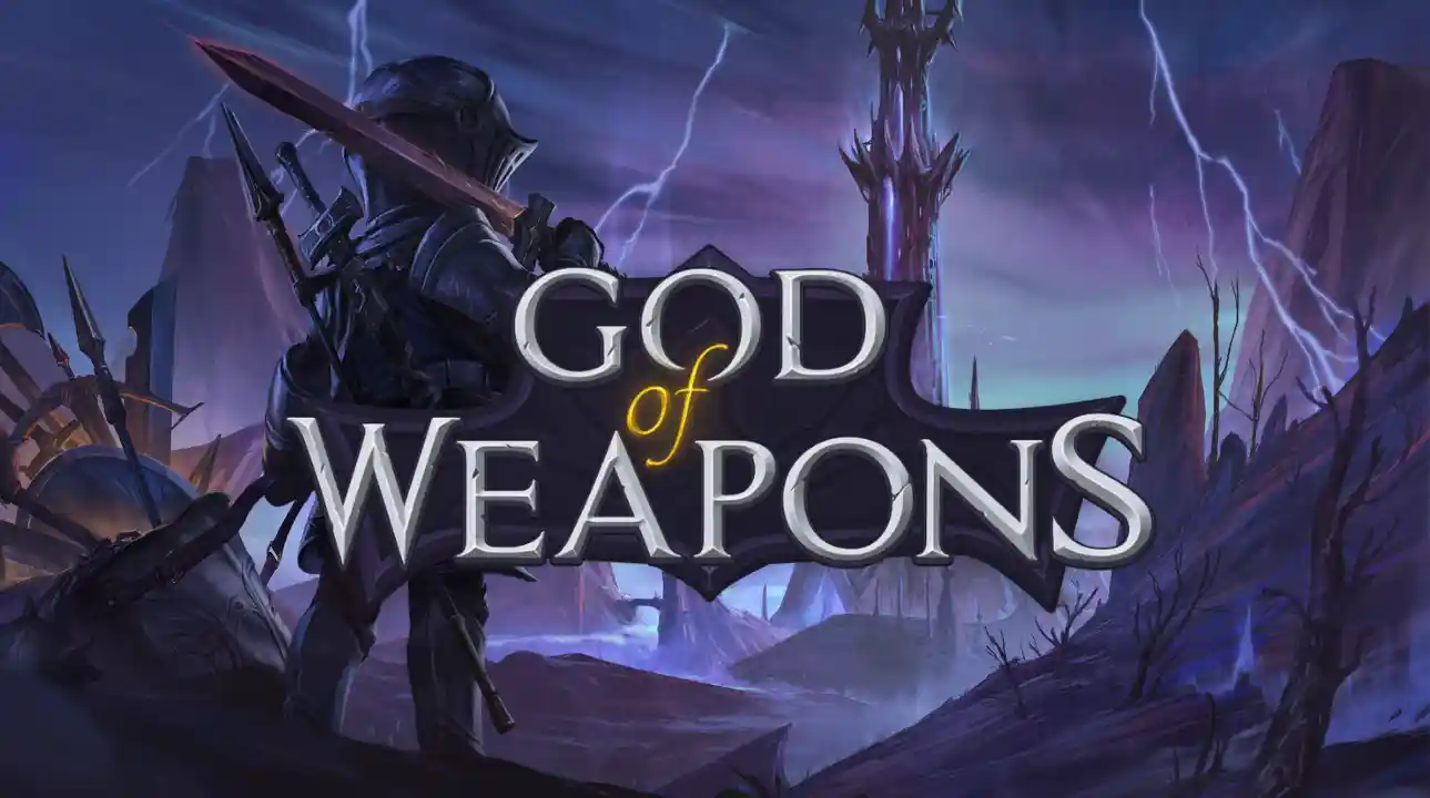 God of Weapons game logo with fantasy battle backdrop