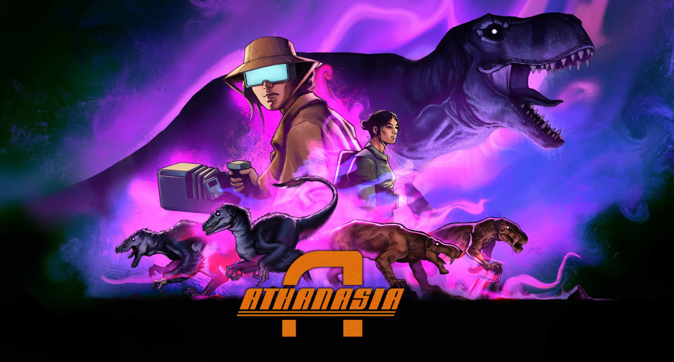 Stylized Athanasia key art featuring Carmen Flores, a retro scientist, and dinosaurs in a neon purple sci-fi haze