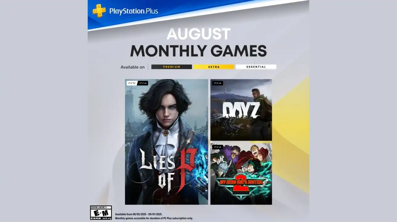 Promotional banner for PlayStation Plus August 2025 monthly games featuring Lies of P, DayZ, and My Hero One’s Justice 2