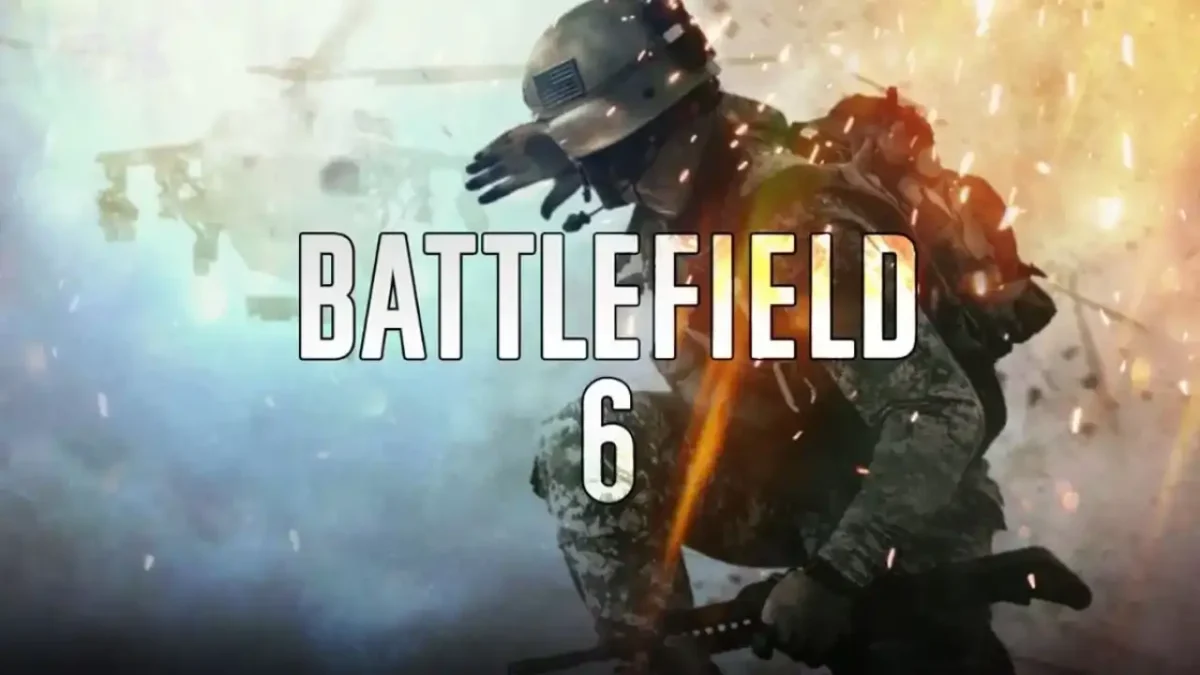 Soldier in combat gear ducking under fire with a helicopter in the smoky background – Battlefield 6 promotional art.