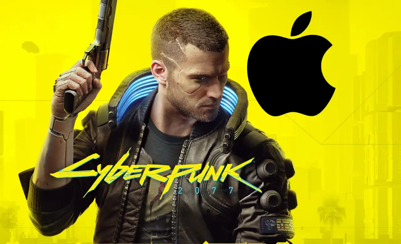 Cyberpunk 2077 character V with Apple logo on a yellow background, symbolizing the native macOS release