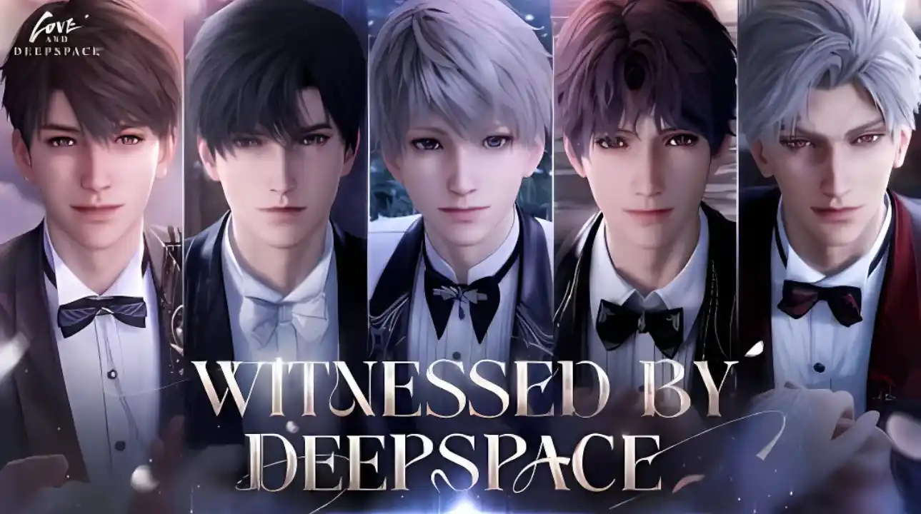 Main characters of Love and Deepspace in formal attire for the Witnessed by Deepspace event, celebrating romance and shared futures