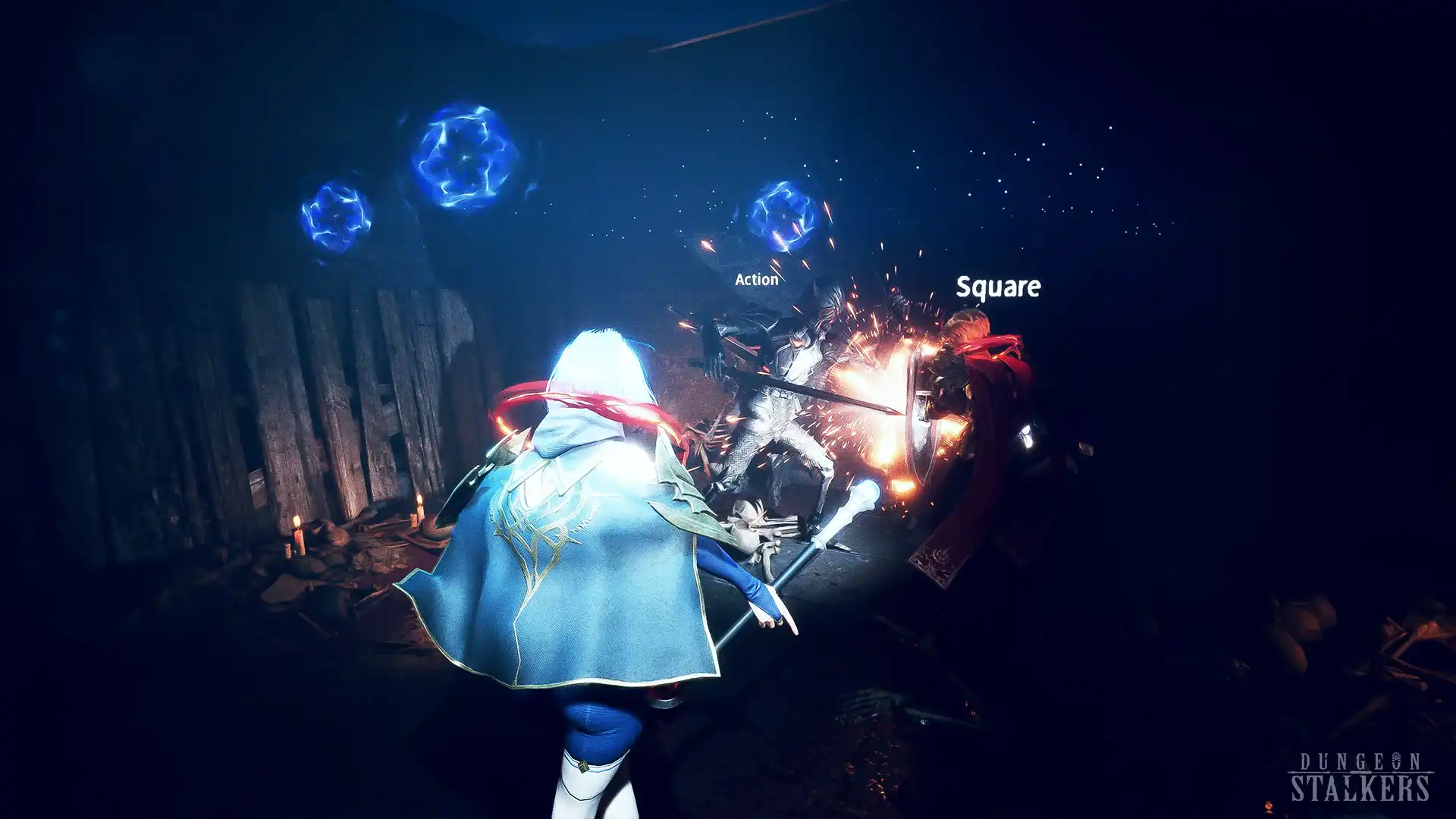 Three Dungeon Stalkers characters engaged in intense combat in a dark dungeon, with magical blue orbs floating overhead and sparks flying from a sword clash.