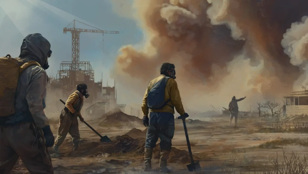Survivors in protective gear digging through a toxic wasteland as massive dust clouds rise in the distance, from Endzone 2