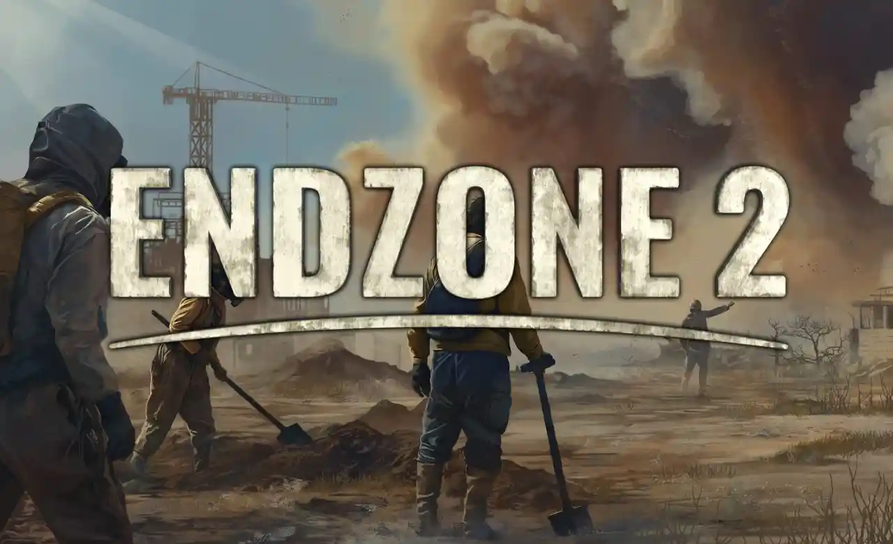 Key art for Endzone 2 showing survivors in hazmat gear rebuilding a devastated wasteland