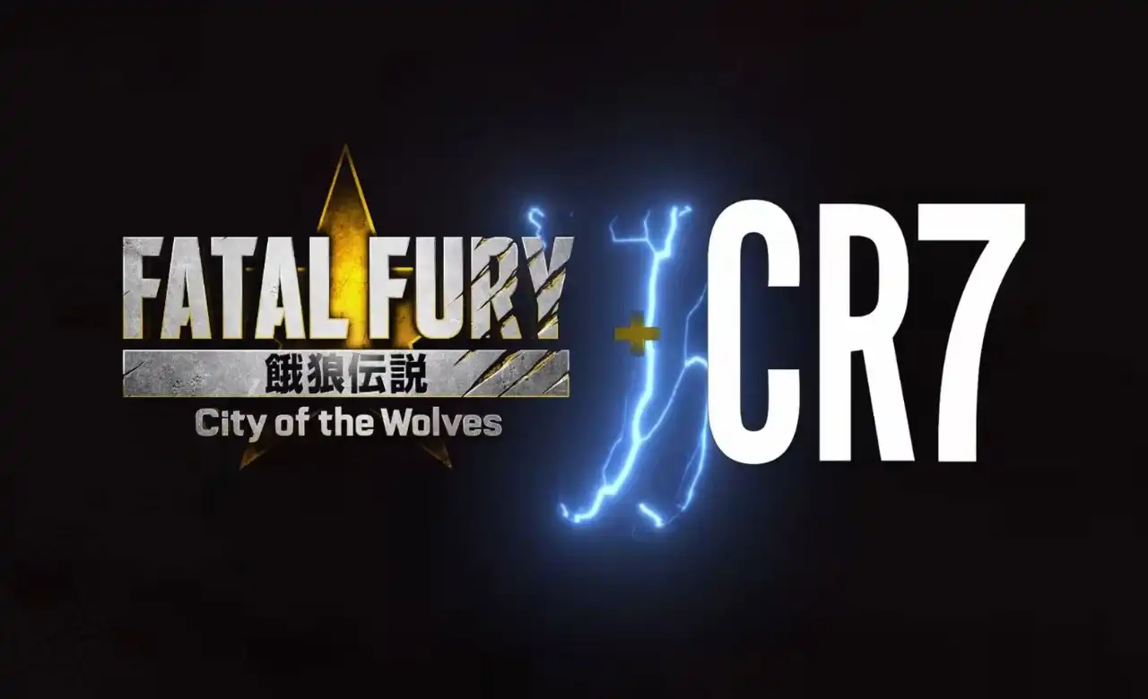 Official crossover image showing Fatal Fury: City of the Wolves logo alongside CR7 with electric blue lightning