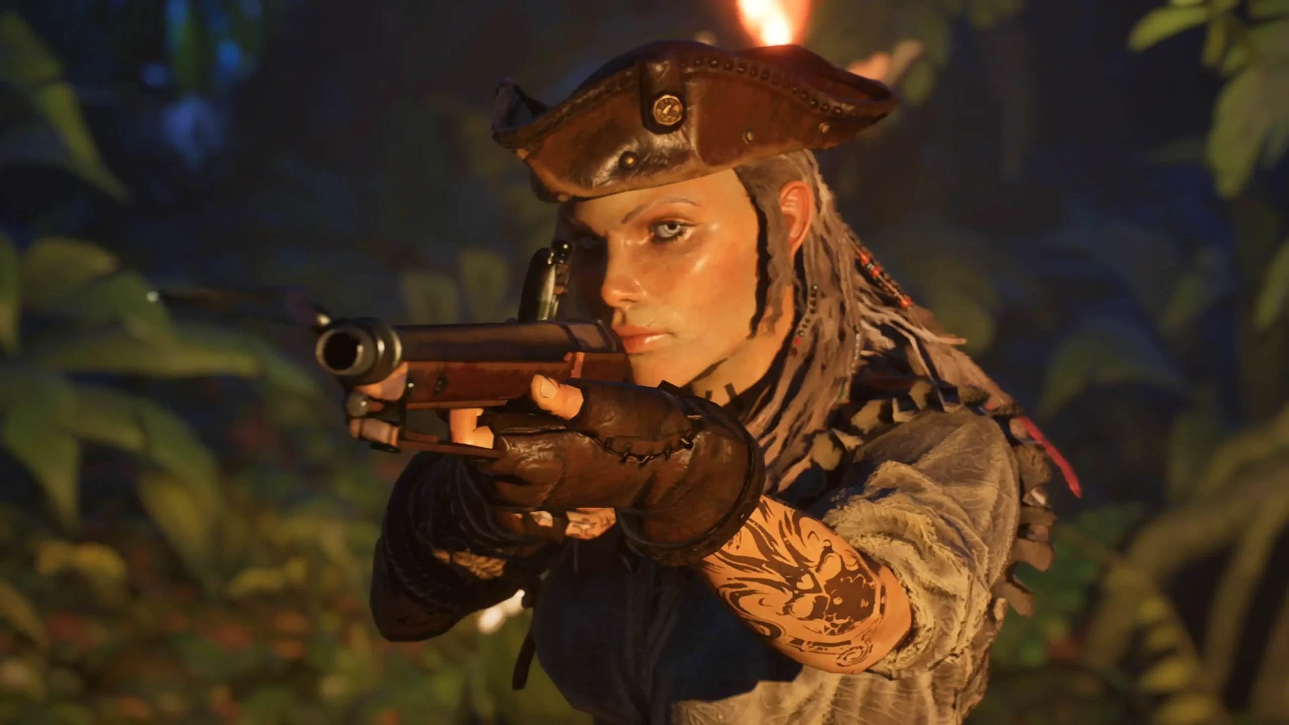 Crosswind female pirate character aiming rifle in jungle setting