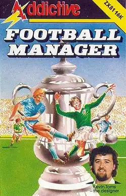 Football Manager ZX81 16K box art with trophy illustration and photo of Kevin Toms, the original game designer