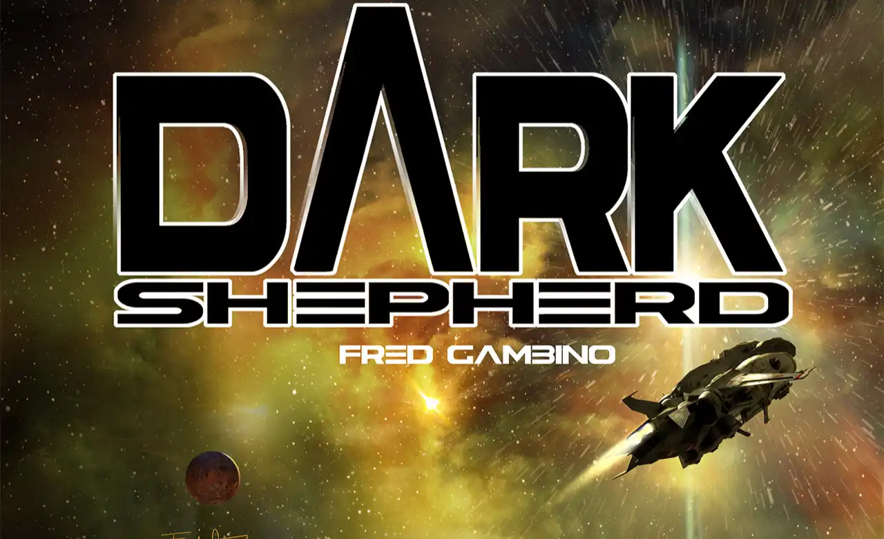 Dark Shepherd logo artwork by Fred Gambino featuring a spaceship launching into space against a cosmic nebula background.