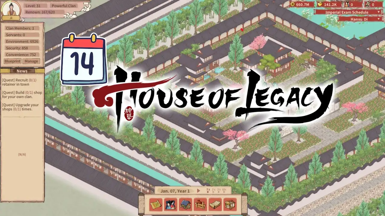 House of Legacy gameplay with calendar icon showing Game of the Week 14