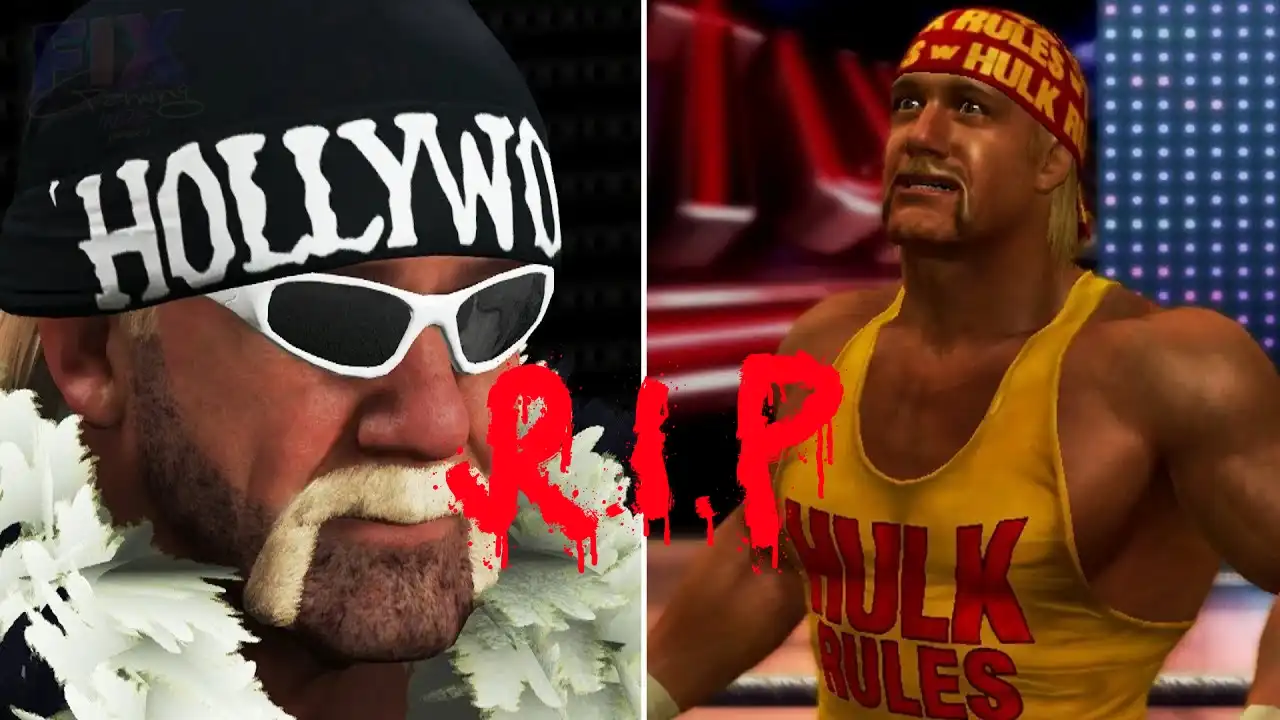 In-game versions of Hulk Hogan in NWO and Hulkamania attire with RIP overlay