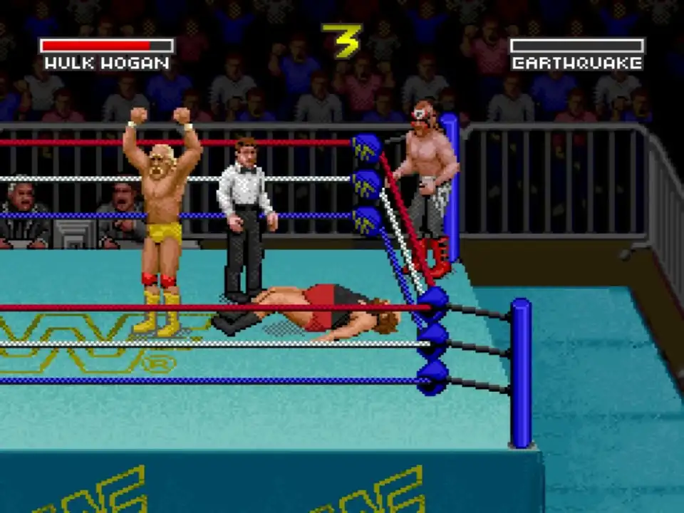 Hulk Hogan victorious in retro pixel wrestling game