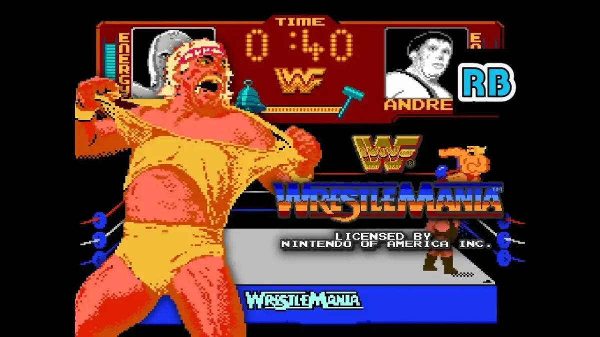 Pixelated Hulk Hogan flexing in WWF WrestleMania for NES