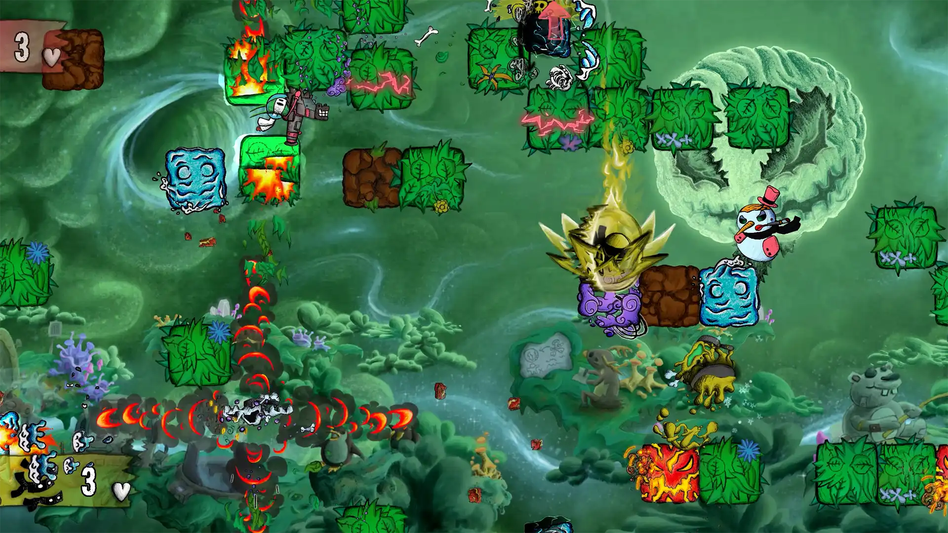 Action-packed scene from Ninza, showcasing the game's chaotic combat and whimsical characters in a lush, hand-drawn environment.