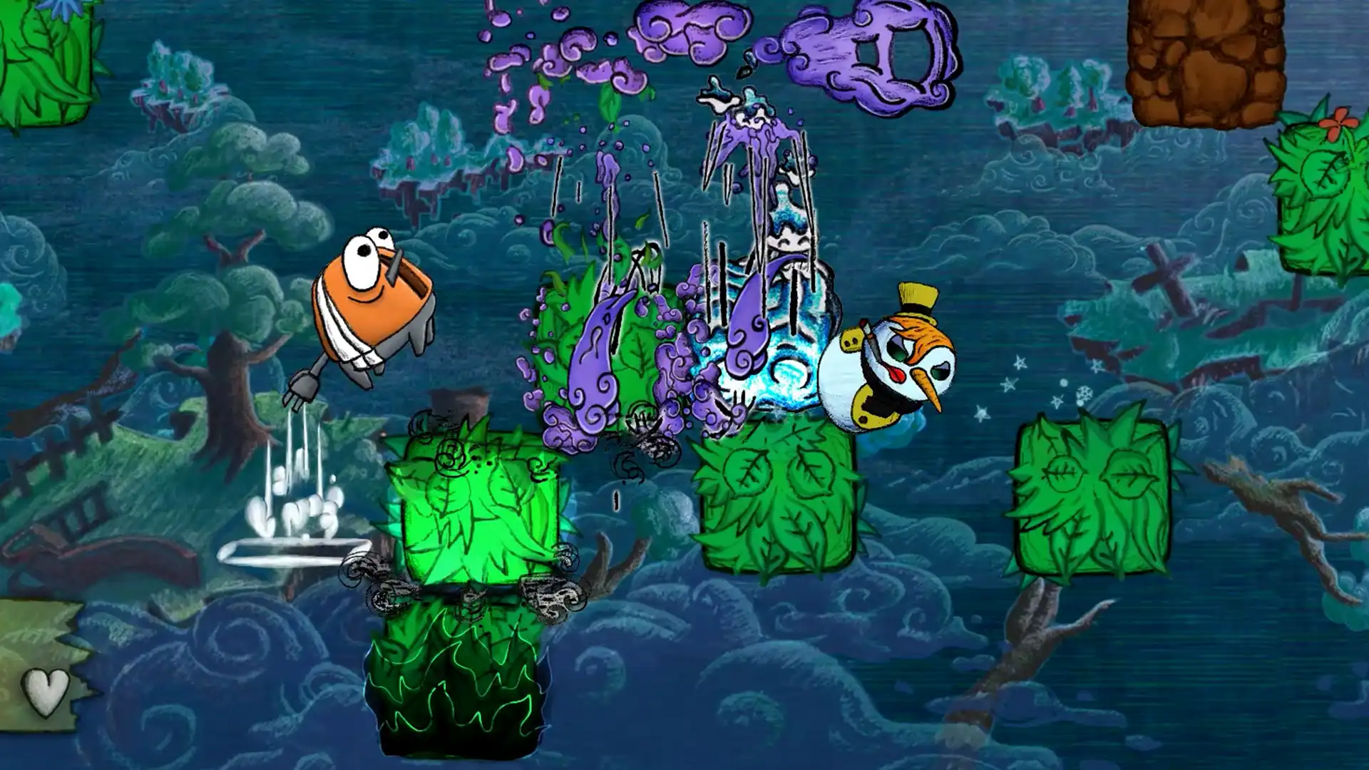 Whimsical battle scene from Ninza, featuring cartoonish characters and magical effects in a surreal, painted world.