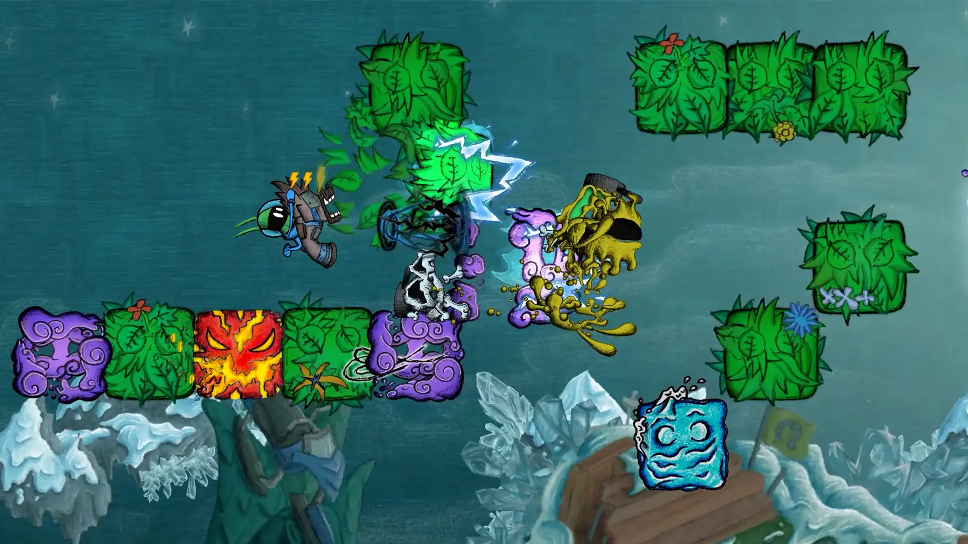 Chaotic gameplay moment from Ninza, showcasing elemental attacks, gooey monsters, and animated block environments.